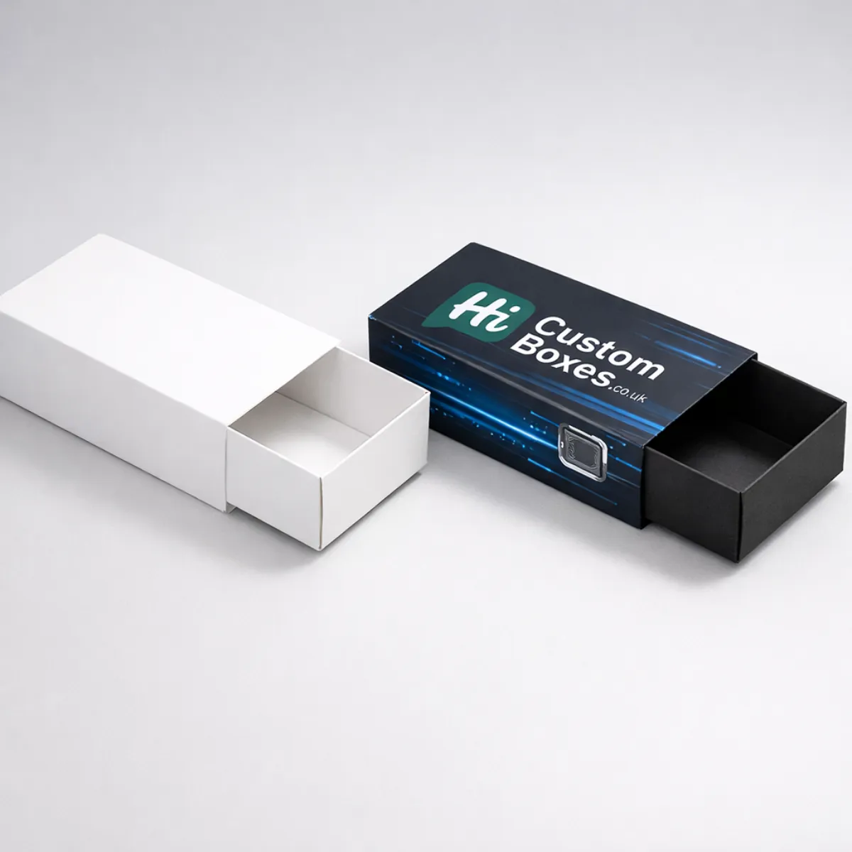 Professional 3D rendering of white and black branded sliding drawer boxes for SSD drive packaging. class=